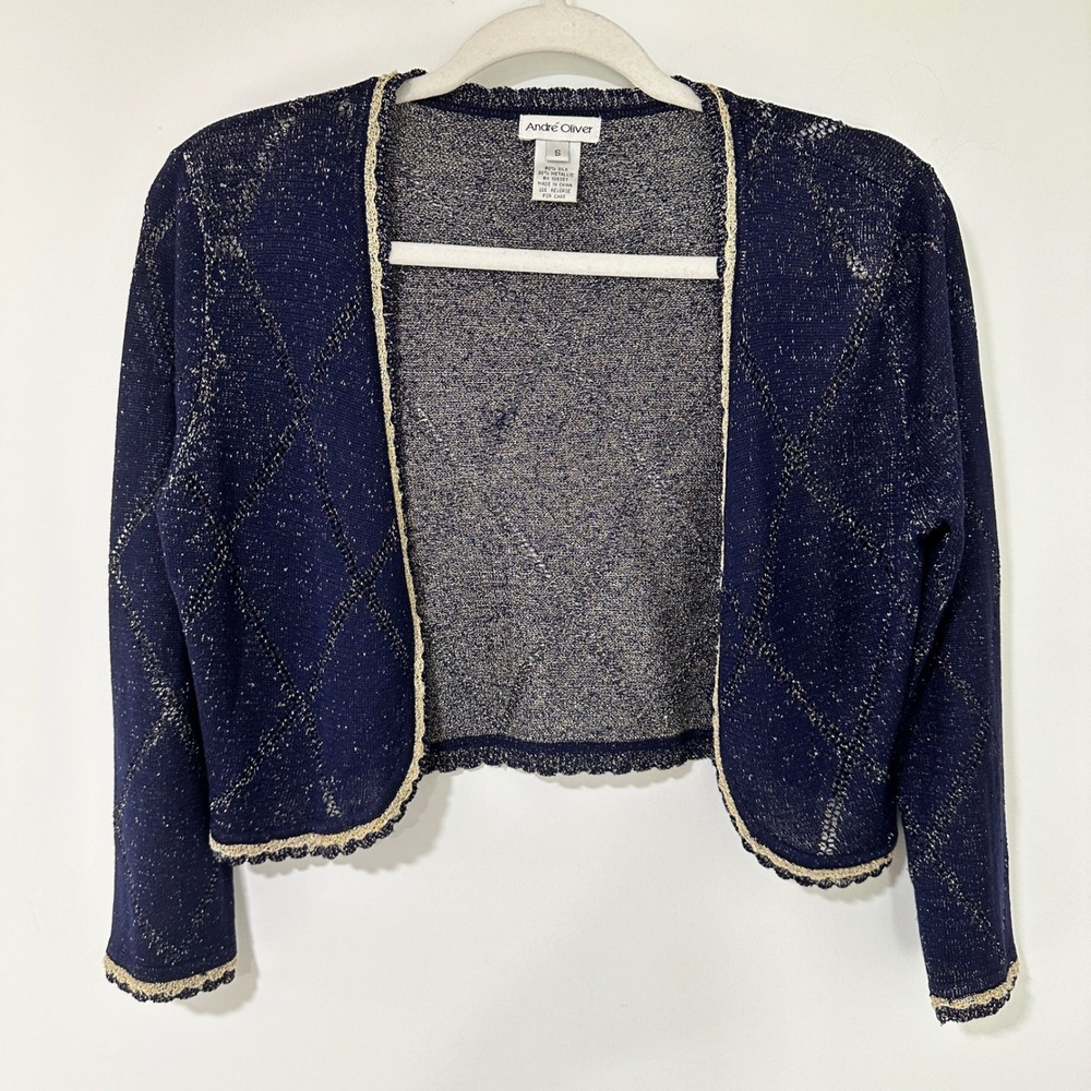 Andre Oliver Womens Bolero Shrug Silk Metallic Diamond Knit Cardigan Navy Gold S